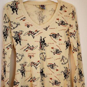 Unique Scanty Cowboy Print V-neck Thermal Top M NWOT